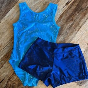 Girls dance gymnastics leotard shorts bundle L